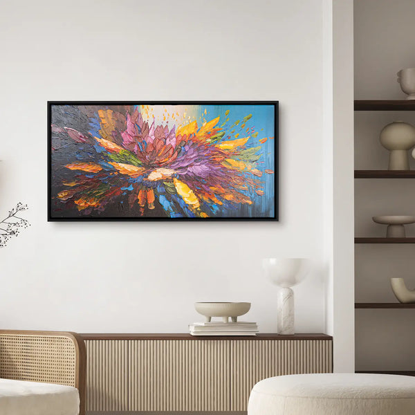 Leinwandbild handgemalt Gemälde mit Acrylfarbe und Strukturpaste im Panorama, Tanz der Farben, 200x100 mit Bilderrahmen in Schwarz