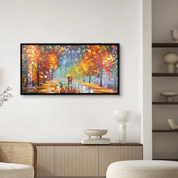 Leinwandbild handgemalt mit Acrylfarbe und Strukturpaste im Panorama, Der Weg des Lichts, 100x200 mit Bilderrahmen in Schwarz