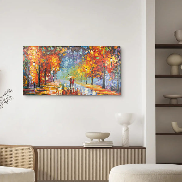 Leinwandbild handgemalt mit Acrylfarbe und Strukturpaste im Panorama, Der Weg des Lichts, 60x120 mit Bilderrahmen in Weiß