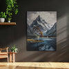 Leinwandbild handgemalt mit Acrylfarbe und Strukturpaste im Hochformat, Zwischen Berg und See, 75x100 mit Bilderrahmen in Weiß