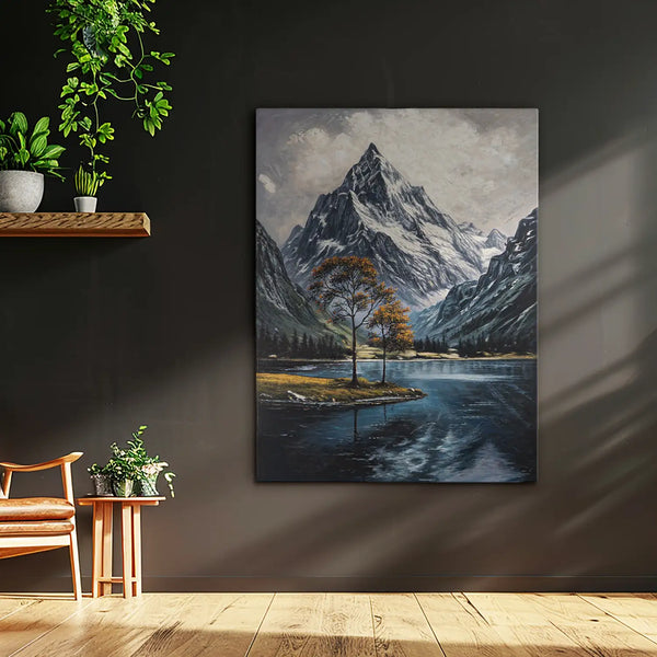 Leinwandbild handgemalt mit Acrylfarbe und Strukturpaste im Hochformat, Zwischen Berg und See, 75x100 mit Bilderrahmen in Weiß