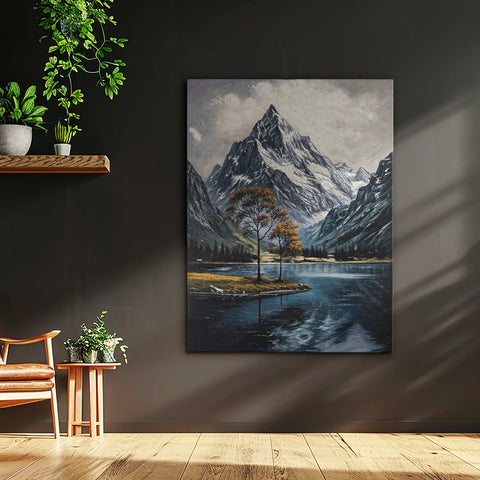 Leinwandbild handgemalt mit Acrylfarbe und Strukturpaste im Hochformat, Zwischen Berg und See, 75x100 mit Bilderrahmen in Weiß