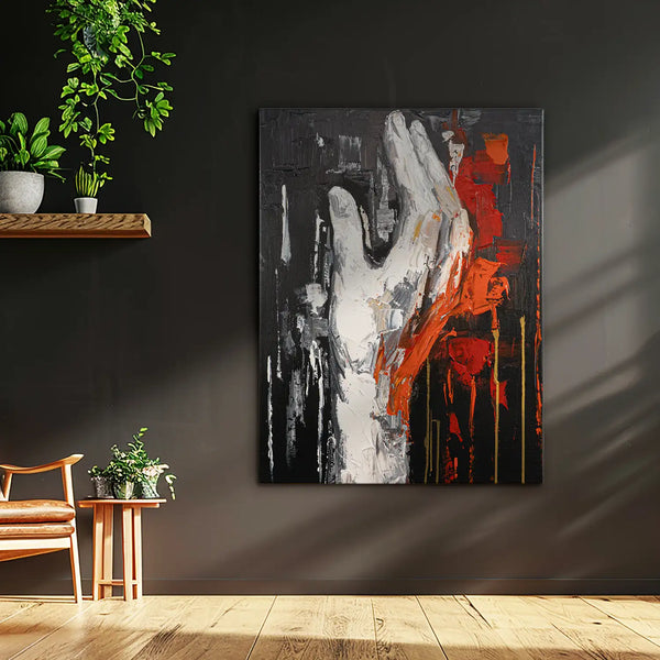 Leinwandbild handgemalt mit Acrylfarbe und Strukturpaste im Hochformat, Flamme des Willens, 75x100 mit Bilderrahmen in Weiß