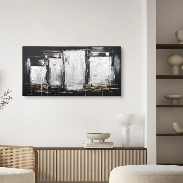 Leinwandbild handgemalt Gemälde mit Acrylfarbe und Strukturpaste im Panorama, Dunkle Eleganz, 120x60 mit Bilderrahmen in Weiß