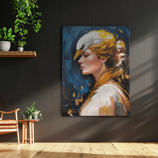 Leinwandbild handgemalt mit Acrylfarbe und Strukturpaste im Hochformat, Schwanenkoenigin, 75x100 mit Bilderrahmen in Weiß