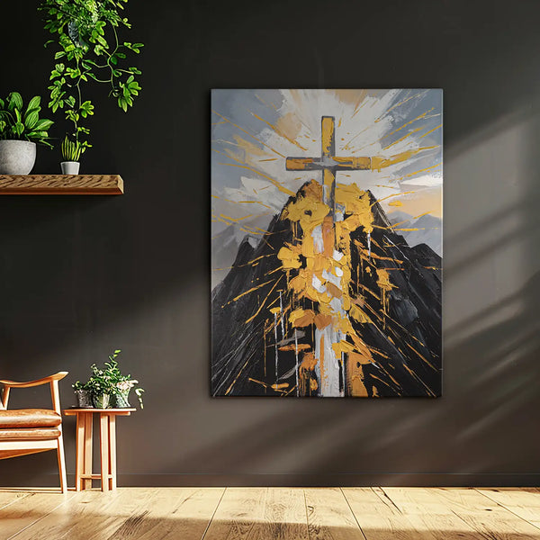 Leinwandbild handgemalt mit Acrylfarbe und Strukturpaste im Hochformat, Berg der Vergebung, 75x100 mit Bilderrahmen in Weiß