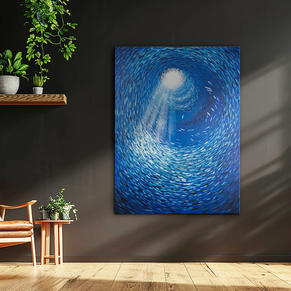 Leinwandbild handgemalt mit Acrylfarbe und Strukturpaste im Hochformat, Tiefen der Stille, 75x100 mit Bilderrahmen in Weiß