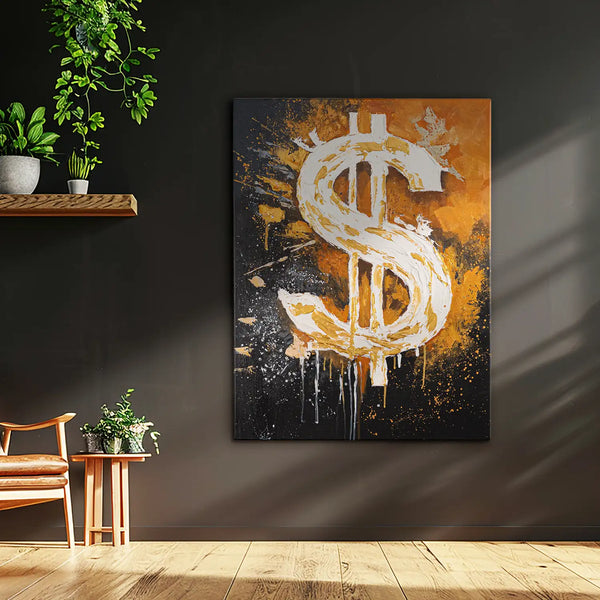 Leinwandbild handgemalt mit Acrylfarbe und Strukturpaste im Hochformat, Dollar, 75x100 mit Bilderrahmen in Weiß