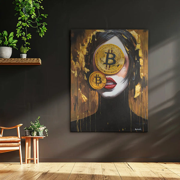 Leinwandbild handgemalt mit Acrylfarbe und Strukturpaste im Hochformat, Der Schleier des Reichtums, 75x100 mit Bilderrahmen in Weiß