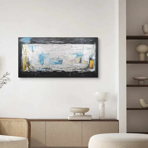 Leinwandbild handgemalt Gemälde mit Acrylfarbe und Strukturpaste im Panorama, Ewige Praesenz, 120x60 mit Bilderrahmen in Weiß