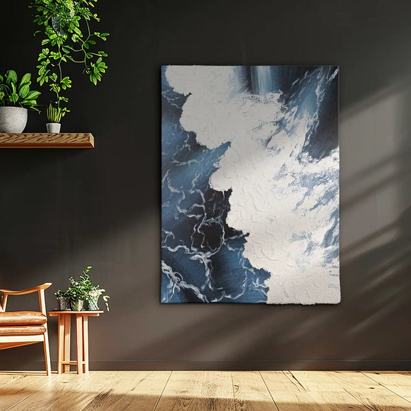 Leinwandbild handgemalt mit Acrylfarbe und Strukturpaste im Hochformat, Wellen des Seins, 75x100 mit Bilderrahmen in Weiß