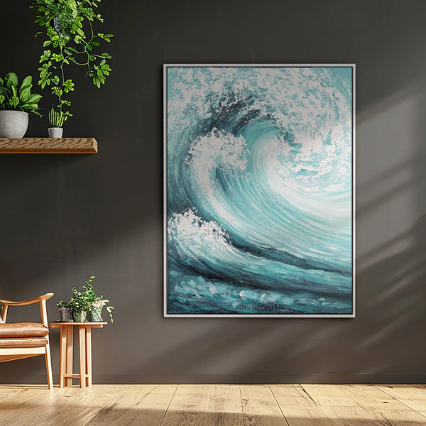 Leinwandbild handgemalt mit Acrylfarbe und Strukturpaste im Hochformat, Das unendliche Spiel, 90x120 mit Bilderrahmen in Eiche Hell