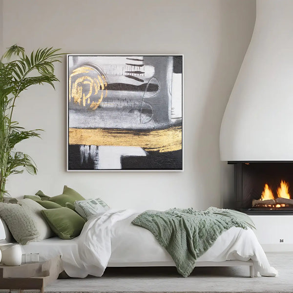 Leinwandbild handgemalt mit Acrylfarbe und Strukturpaste im Quadratisch, Goldenes Jetzt, 100x100 mit Bilderrahmen in Eiche Hell