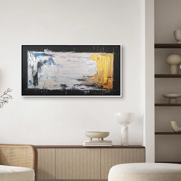 Leinwandbild handgemalt Gemälde mit Acrylfarbe und Strukturpaste im Panorama, Verschmelzen der Elemente, 140x70 mit Bilderrahmen in Eiche Hell