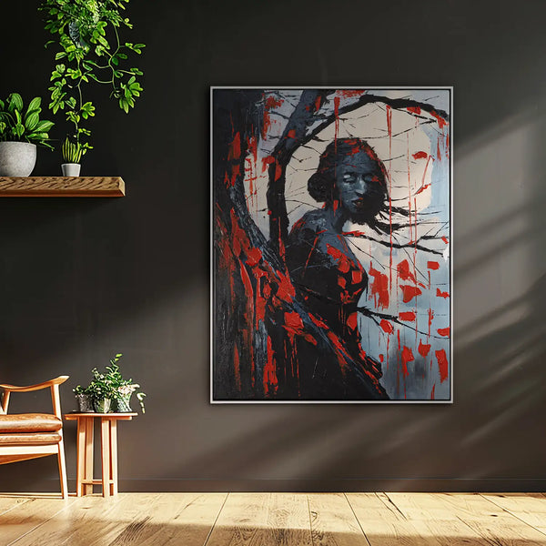 Leinwandbild handgemalt mit Acrylfarbe und Strukturpaste im Hochformat, Schwarze Phytomorphe, 90x120 mit Bilderrahmen in Eiche Hell