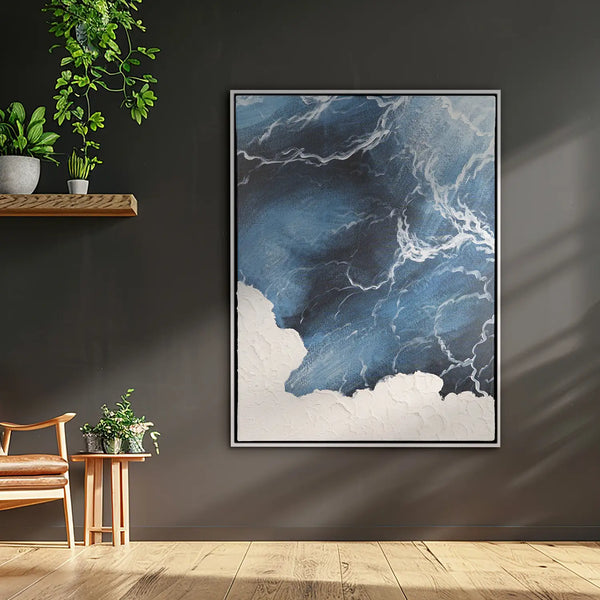 Leinwandbild handgemalt mit Acrylfarbe und Strukturpaste im Hochformat, Polaritaeten des Lebens1, 90x120 mit Bilderrahmen in Eiche Hell