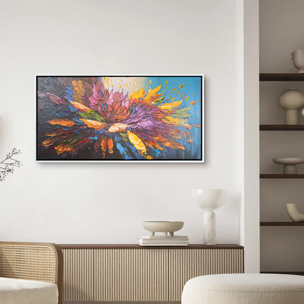 Leinwandbild handgemalt Gemälde mit Acrylfarbe und Strukturpaste im Panorama, Tanz der Farben, 140x70 mit Bilderrahmen in Eiche Hell