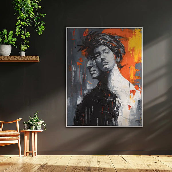 Leinwandbild handgemalt mit Acrylfarbe und Strukturpaste im Hochformat, Romulus and Remus, 90x120 mit Bilderrahmen in Eiche Hell