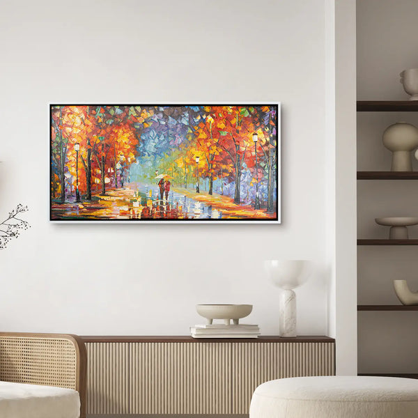 Leinwandbild handgemalt mit Acrylfarbe und Strukturpaste im Panorama, Der Weg des Lichts, 70x140 mit Bilderrahmen in Eiche Hell