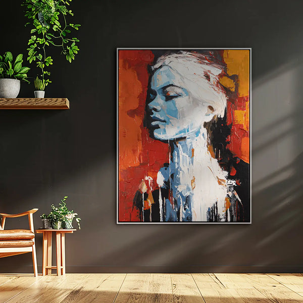 Leinwandbild handgemalt mit Acrylfarbe und Strukturpaste im Hochformat, Atalante, 90x120 mit Bilderrahmen in Eiche Hell