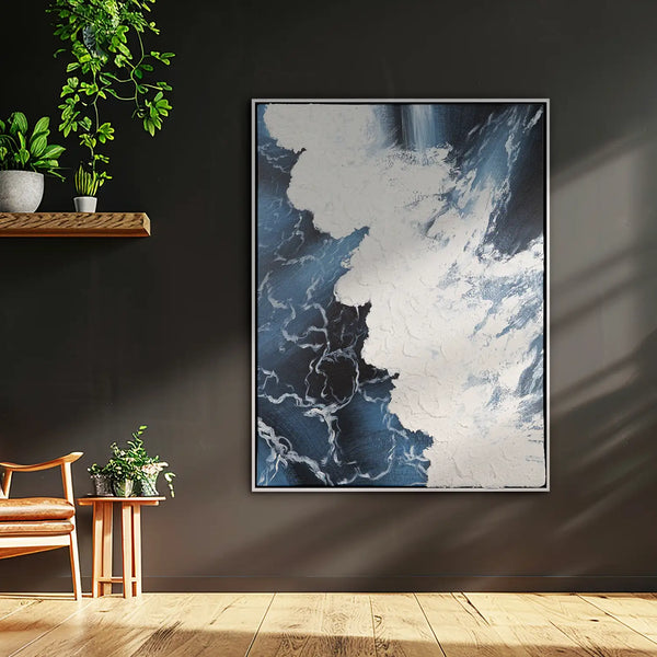 Leinwandbild handgemalt mit Acrylfarbe und Strukturpaste im Hochformat, Wellen des Seins, 90x120 mit Bilderrahmen in Eiche Hell