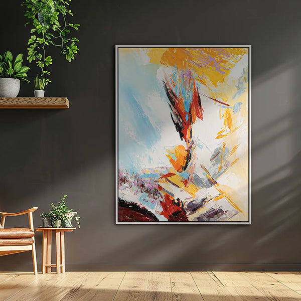 Leinwandbild handgemalt mit Acrylfarbe und Strukturpaste im Hochformat, Versteckte Dimension, 90x120 mit Bilderrahmen in Eiche Hell