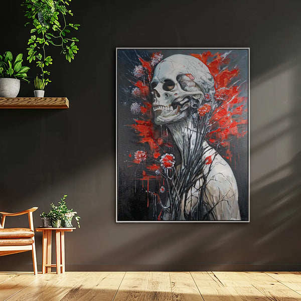 Leinwandbild handgemalt mit Acrylfarbe und Strukturpaste im Hochformat, Wo das Fleisch verstummt, 90x120 mit Bilderrahmen in Eiche Hell