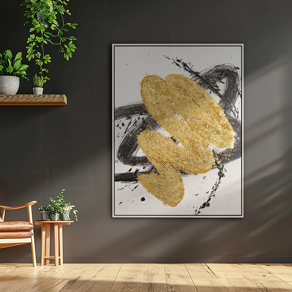 Leinwandbild handgemalt mit Acrylfarbe und Strukturpaste im Hochformat, Harmonie des Unbekannten, 90x120 mit Bilderrahmen in Eiche Hell