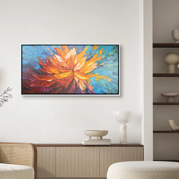 Leinwandbild handgemalt Gemälde mit Acrylfarbe und Strukturpaste im Panorama, Balance im Chaos, 140x70 mit Bilderrahmen in Eiche Hell