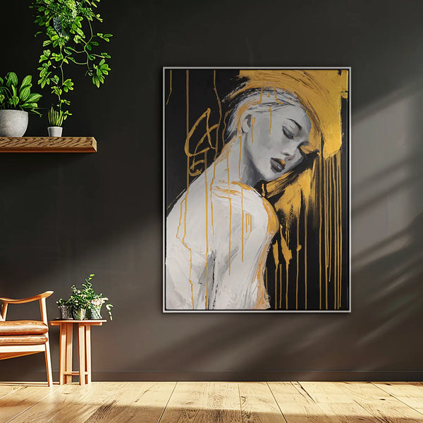 Leinwandbild handgemalt mit Acrylfarbe und Strukturpaste im Hochformat, Das goldene Schweigen, 90x120 mit Bilderrahmen in Eiche Hell