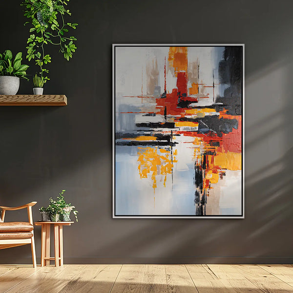 Leinwandbild handgemalt mit Acrylfarbe und Strukturpaste im Hochformat, Fragilitaet des Augenblicks, 90x120 mit Bilderrahmen in Eiche Hell