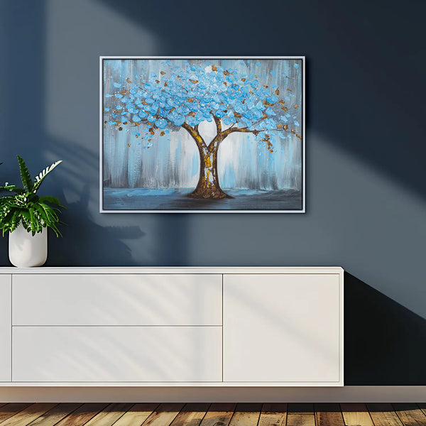 Leinwandbild handgemalt mit Acrylfarbe und Strukturpaste, Baum der Ewigkeit, 90x120 mit Bilderrahmen in Eiche Hell