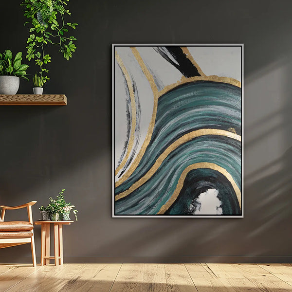 Leinwandbild handgemalt mit Acrylfarbe und Strukturpaste im Hochformat, Schleier der Wahrheit, 90x120 mit Bilderrahmen in Eiche Hell