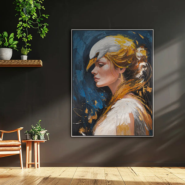 Leinwandbild handgemalt mit Acrylfarbe und Strukturpaste im Hochformat, Schwanenkoenigin, 90x120 mit Bilderrahmen in Eiche Hell