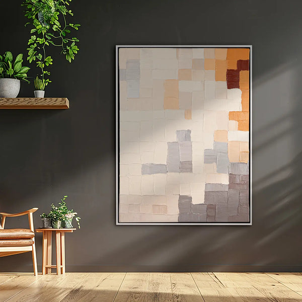 Leinwandbild handgemalt mit Acrylfarbe und Strukturpaste im Hochformat, Kosmische Ordnung, 90x120 mit Bilderrahmen in Eiche Hell