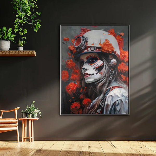 Leinwandbild handgemalt mit Acrylfarbe und Strukturpaste im Hochformat, Bluete der Schattenkriegerin, 90x120 mit Bilderrahmen in Eiche Hell