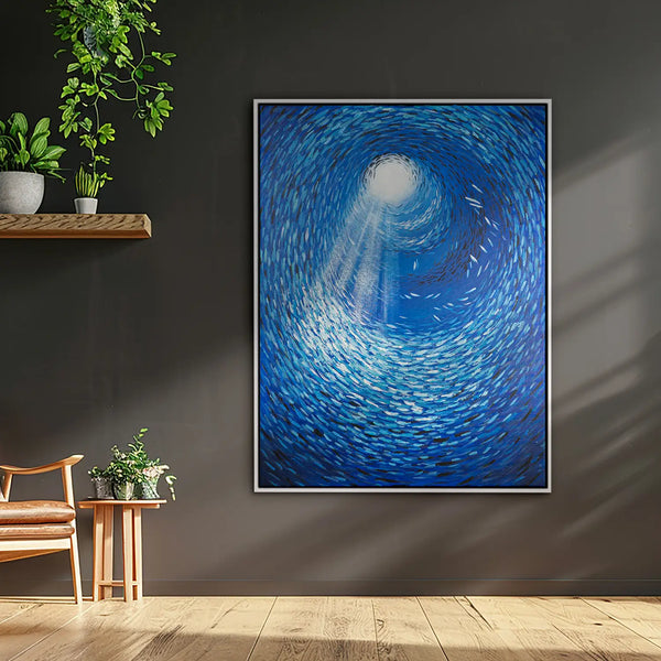 Leinwandbild handgemalt mit Acrylfarbe und Strukturpaste im Hochformat, Tiefen der Stille, 90x120 mit Bilderrahmen in Eiche Hell