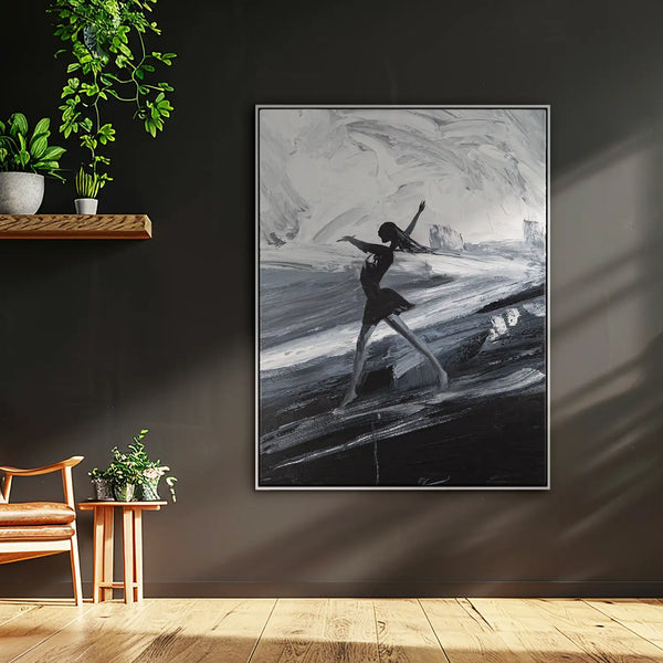Leinwandbild handgemalt mit Acrylfarbe und Strukturpaste im Hochformat, Die Taenzerin, 90x120 mit Bilderrahmen in Eiche Hell