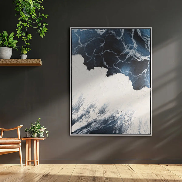 Leinwandbild handgemalt mit Acrylfarbe und Strukturpaste im Hochformat, Polaritaeten des Lebens2, 90x120 mit Bilderrahmen in Eiche Hell