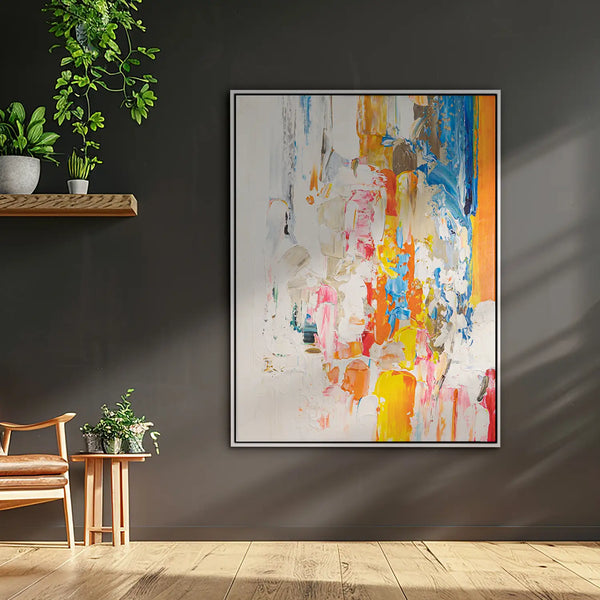 Leinwandbild handgemalt mit Acrylfarbe und Strukturpaste im Hochformat, Fluss der Gedanken, 90x120 mit Bilderrahmen in Eiche Hell