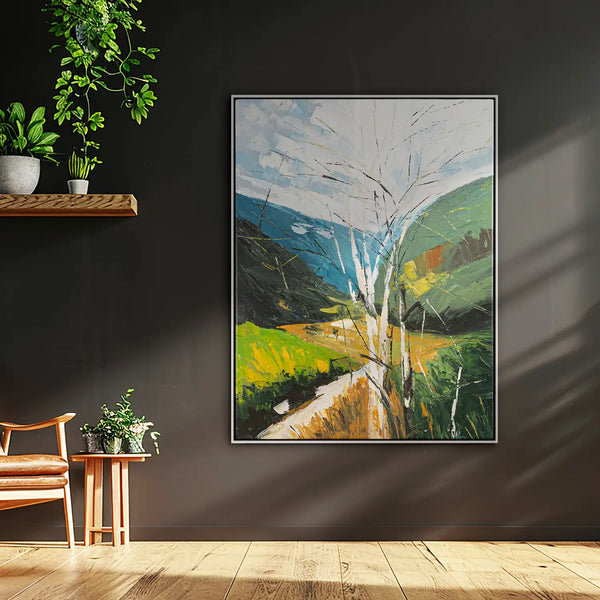 Leinwandbild handgemalt mit Acrylfarbe und Strukturpaste im Hochformat, fruehlingserwachen, 90x120 mit Bilderrahmen in Eiche Hell