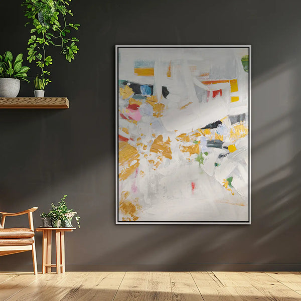 Leinwandbild handgemalt mit Acrylfarbe und Strukturpaste im Hochformat, Fragmente der Wahrheit, 90x120 mit Bilderrahmen in Eiche Hell