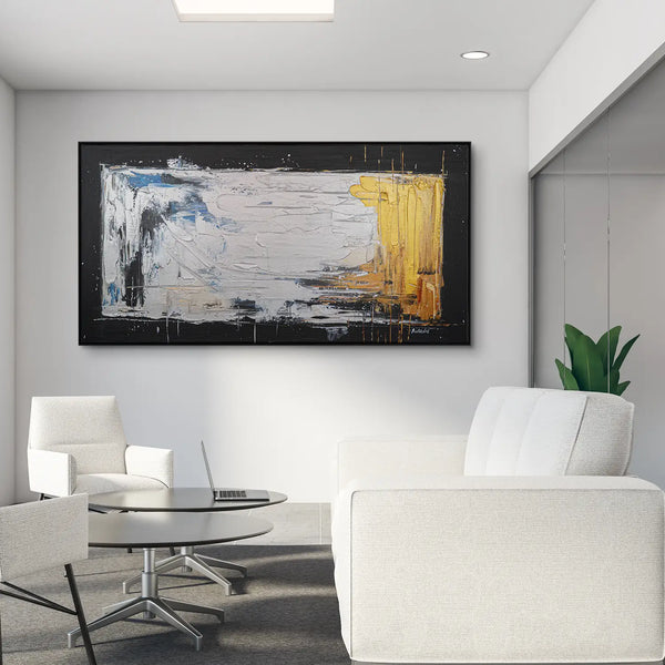 Leinwandbild handgemalt Gemälde mit Acrylfarbe und Strukturpaste im Panorama, Verschmelzen der Elemente, 200x100 mit Bilderrahmen in Eiche Dunkel