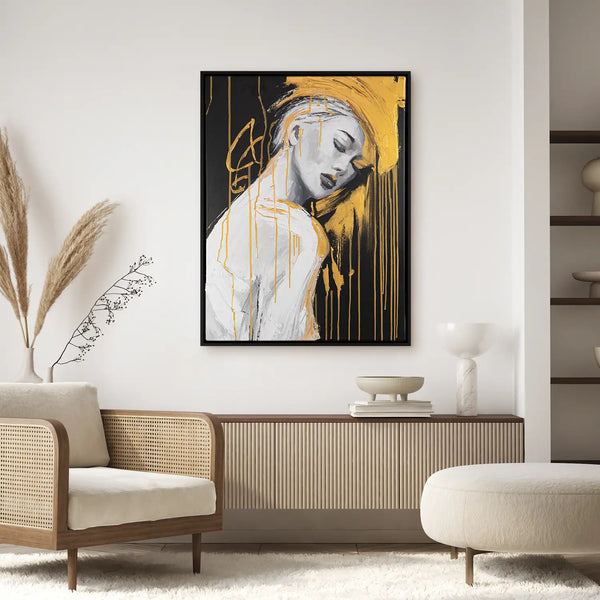 Leinwandbild handgemalt mit Acrylfarbe und Strukturpaste im Hochformat, Das goldene Schweigen, 150x200 mit Bilderrahmen in Eiche Dunkel