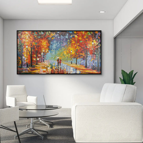 Leinwandbild handgemalt mit Acrylfarbe und Strukturpaste im Panorama, Der Weg des Lichts, 100x200 mit Bilderrahmen in Eiche Dunkel