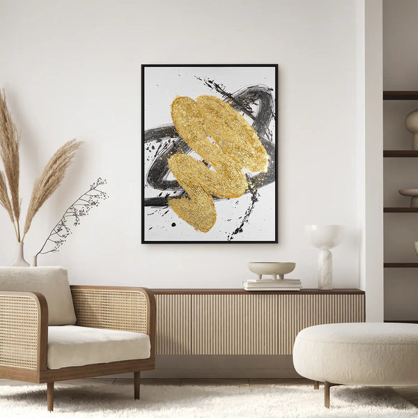 Leinwandbild handgemalt mit Acrylfarbe und Strukturpaste im Hochformat, Harmonie des Unbekannten, 150x200 mit Bilderrahmen in Eiche Dunkel