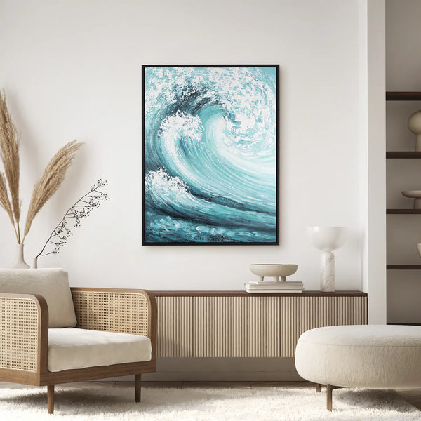 Leinwandbild handgemalt mit Acrylfarbe und Strukturpaste im Hochformat, Das unendliche Spiel, 150x200 mit Bilderrahmen in Eiche Dunkel