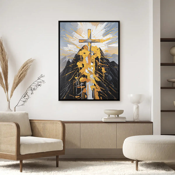 Leinwandbild handgemalt mit Acrylfarbe und Strukturpaste im Hochformat, Berg der Vergebung, 150x200 mit Bilderrahmen in Eiche Dunkel