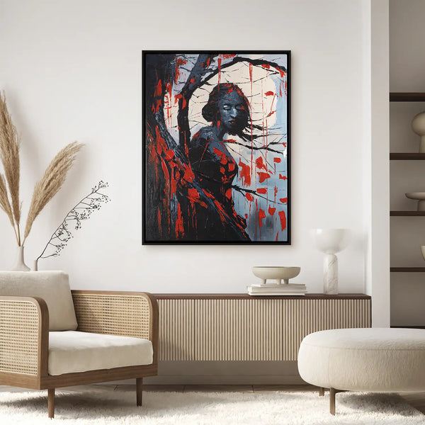 Leinwandbild handgemalt mit Acrylfarbe und Strukturpaste im Hochformat, Schwarze Phytomorphe, 150x200 mit Bilderrahmen in Eiche Dunkel