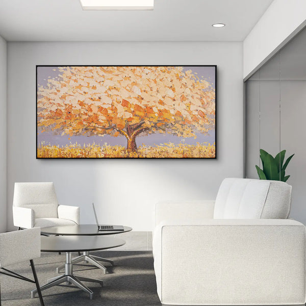 Leinwandbild handgemalt mit Acrylfarbe und Strukturpaste im Panorama, Dualitaet der Natur, 100x200 mit Bilderrahmen in Eiche Dunkel